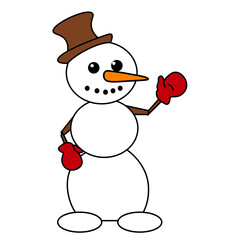 Funny and kind snowman in a fashionable hat. Vector illustration on a white isolated background.