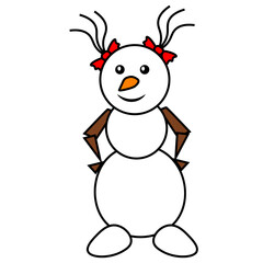 Funny and kind snowman with bows. Vector illustration on a white isolated background.