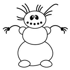 Funny and crazy snowman. Vector illustration on a white isolated background.
