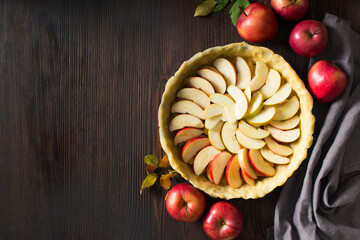 Autumn and summer pie with apple and plum on dark  background