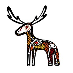 Vector colorful postcard. Dia de los Muertos, Day of the dead or Halloween concept. Moose skeleton with floral design, isolated on white background