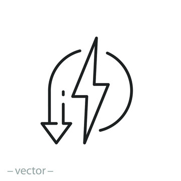 reduce consumption energy icon, electricity power reduction, voltage performance, backup power engine, thin line web symbol on white background - editable stroke vector illustration eps10