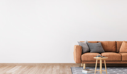 Minimal living room design, orange sofa in empty modern background, panorama