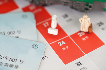 Still life items related to Chinese Spring Festival transport displayed on the background of the desk calendar