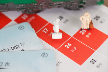 Still life items related to Chinese Spring Festival transport displayed on the background of the desk calendar