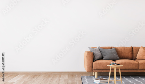 Fototapete Minimal Living Room Design Orange Sofa In Empty Modern Background Panorama Lilas