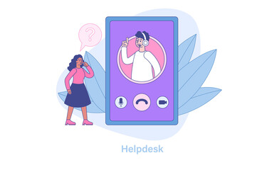 Abstract helpline concept with a woman receiving a free consultation on the customer support hotline. Flat vector illustration