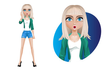 Stylish young woman in shorts and a green jacket. Beautiful cartoon character modern. Pose- Stunned.