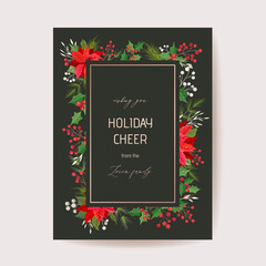Elegant Floral Merry Christmas, New Year 2021 Card, Poinsettia, Pine Wreath, Mistletoe, Holly Berry, Winter plants