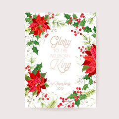 Christmas Winter Floral Card, Poinsettia Vector Wedding Invitation, Holiday Party greeting banner template