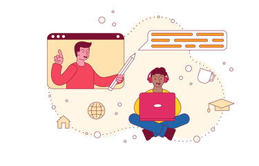 Online education concept. Teacher and student communicating via video with an online educational platform. Colored vector illustration