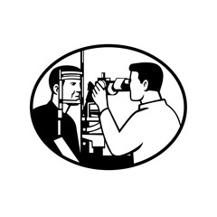 Patient and Optician or Optometrist with Eye Test Equipment Testing for Eye Exam Retro Black and White