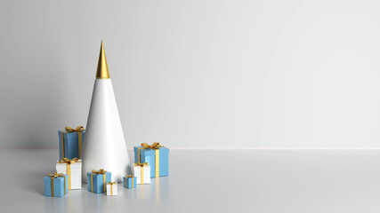 3d rendering 2021 year, Christmas blue and white gift box with a gold bow, concept gold fir tree