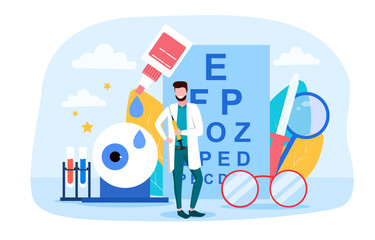 An ophthalmologist with a syringe in his hand standing against the background of eye drops glasses and eye chart. Flat vector illustration.