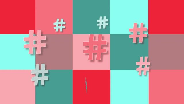 Funny coloured background with dancing and moving hashtags - web and communication signs. Copy space. Colourful pink green red background.