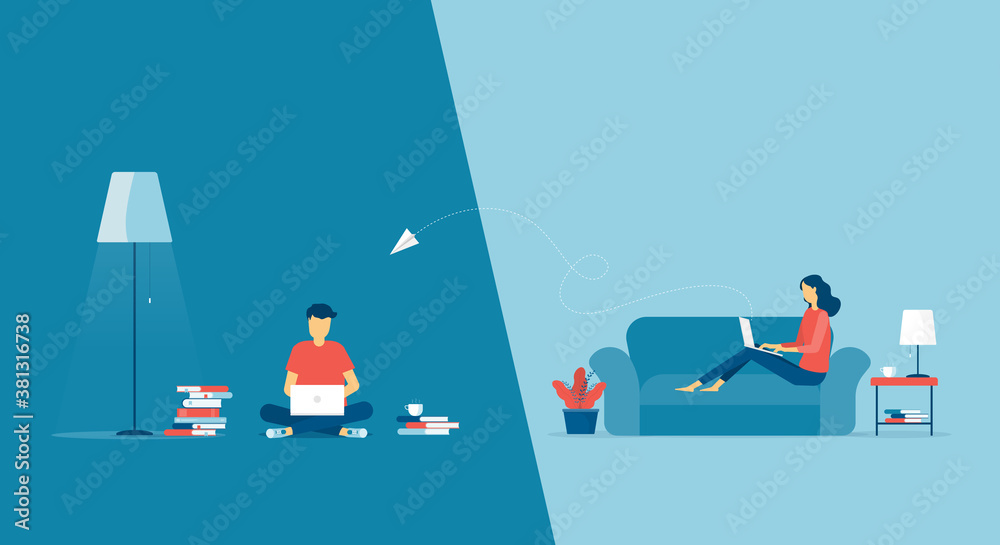 Poster flat vector work from home workplace concept and business smart working online connect anywhere concept