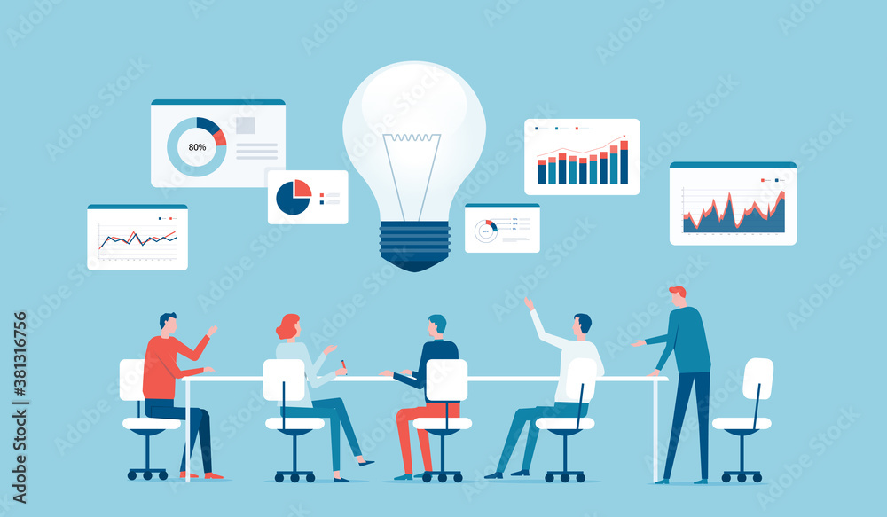 Poster flat vector business team meeting for brainstorming concept