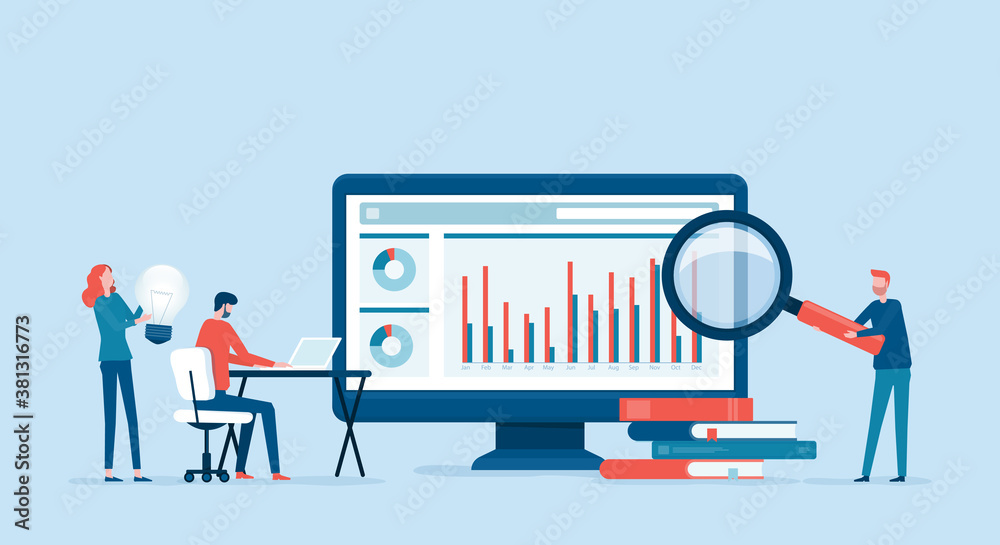 Leinwandbilder business people analytics and monitoring on web report dashboard monitor concept and vector illustration business people team meeting working
