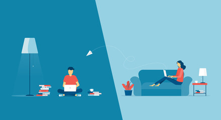 flat vector work from home workplace concept and business smart working online connect anywhere concept
