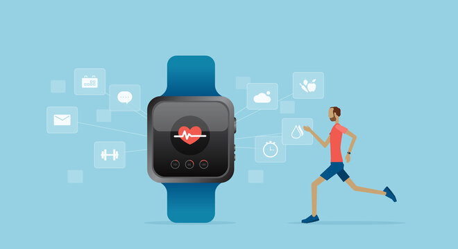 smart watch technology with a man running and flat vector design technology  for health while exercising concept