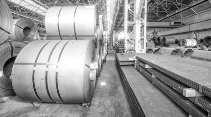 Warehouse of metal coils. Industrial production and logistics concept. Roll of steel sheet in a plant