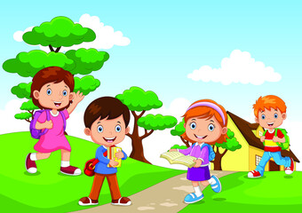 Obraz na płótnie Canvas Cartoon of a children going to school