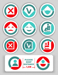 Warning icons on transparent background.. Keep distance between people. Do not sit here. Keep safe distance.