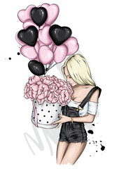 Beautiful woman in stylish overalls. Fashionista with a box of peonies. Flowers A girl with long hair holds a bouquet. Fashion and style, clothing and accessories. Heart shaped balloons. Valentine's. - 381318172