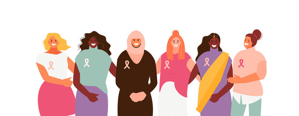 Fototapeta na wymiar Hugging women together against breast cancer. International awareness and support month vector
