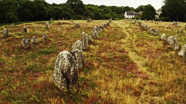 Aerial view of Kerlescan stones. The Carnac stones are the largest collection of megalithic standing stones in the world. Kerlescan is one of the many sites around Carnac with this standing neolithic 