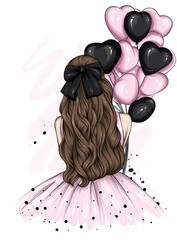 Girl in a beautiful dress with long hair and a bow. Fashion and style, vintage and retro. Heart shaped balloons. Valentine's Day.
