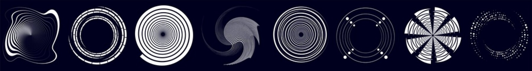 Swirl, sworls, twirls and spiral vector set. Helix, volute shapes with rotation, revolve ripple effect. Spiral icons