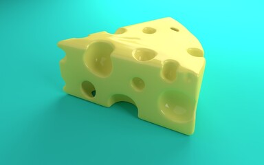 Cheese with big holes on turquoise background - realistic 3D render