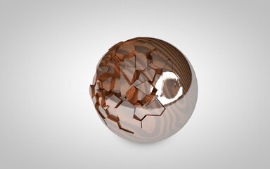 Broken shiny wooden sphere on a white background - realistic 3D render