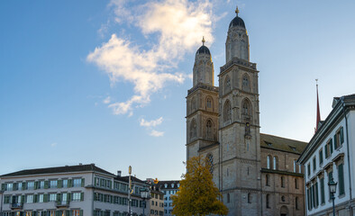 Fototapeta na wymiar Grossmunster church with city skyline in Zurich, Switzerland