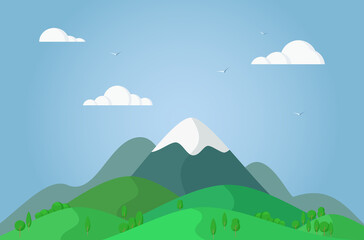 Mountain peak. Natural landscape with mountains, hills and clouds in flat style.