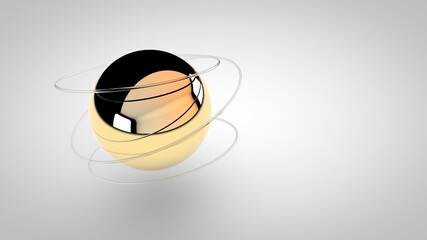 Elegant gold sphere with glass rings around, 3D rendering illustration