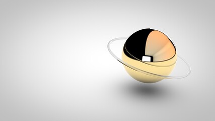Elegant gold sphere with glass ring around, 3D rendering illustration