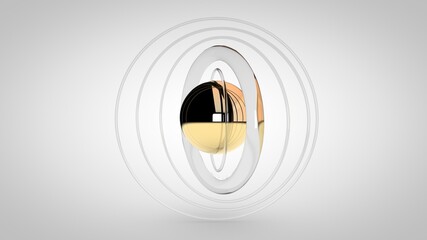 Elegant gold sphere with glass rings around, 3D rendering illustration