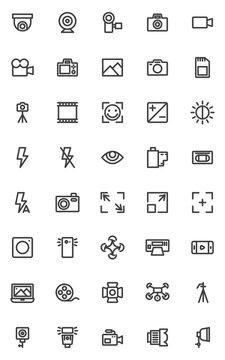 Photo and video line icons set. linear style symbols collection, outline signs pack. vector graphics. Set includes icons as Photo Video Digital Cameras, Photography, Camcorders, Studio spotlight