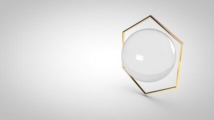 Elegant glass sphere with gold hexagon frame, 3D rendering illustration