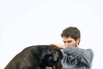 the owner plays with the dog on a white sofa In a bright room fun close-up cropped view friends pet