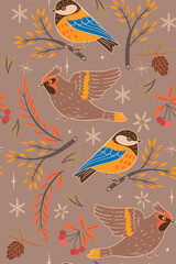Obraz premium Winter pattern with titmouses and waxwings. Vector graphics.
