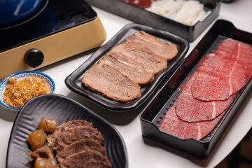 Top view of assorted  sliced beef