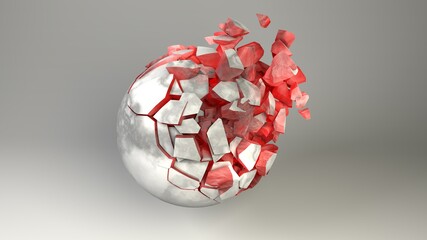 3D rendered broken sphere with red inside