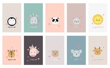 Collection of childrens cards. Set of postcards with cute animals and phrases. Creative print featuring bear, unicorn and penguin, panda and cat, lion and deer, bull and koala. Vector. scandinavian