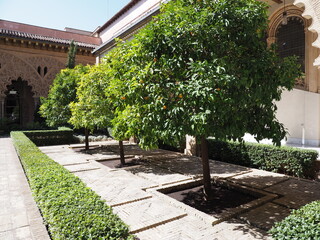 Beauty courtyard of palace in european Saragossa city at Aragon district in Spain, clear blue sky in 2019 warm sunny summer day on September.