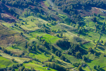 Cabañas Pasiegas and meadows, Miera Valley, Valles Pasiegos, Cantabria, Spain, Europe