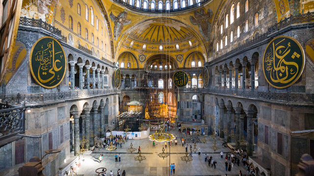 ISTANBUL, TURKEY - SEPTEMBER 10, 2010: interior of ancient basilica Hagia Sophia. For almost 500 years the principal mosque of Istanbul, Aya Sofia served as model for many other Ottoman mosques