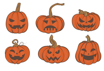 set of pumpkins with scary faces for Halloween